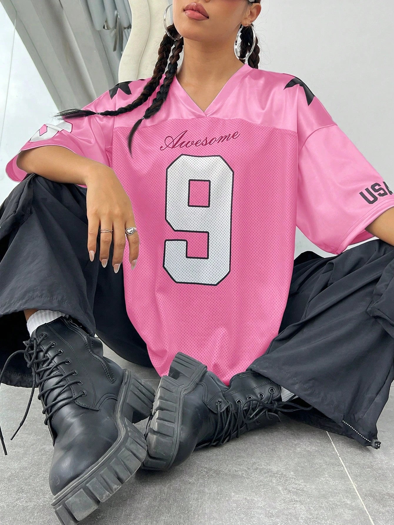 2026 New York No.9 Oversized Jersey T-Shirt Women V-Neck Sport Style Breathable Summer Streetwear Tee