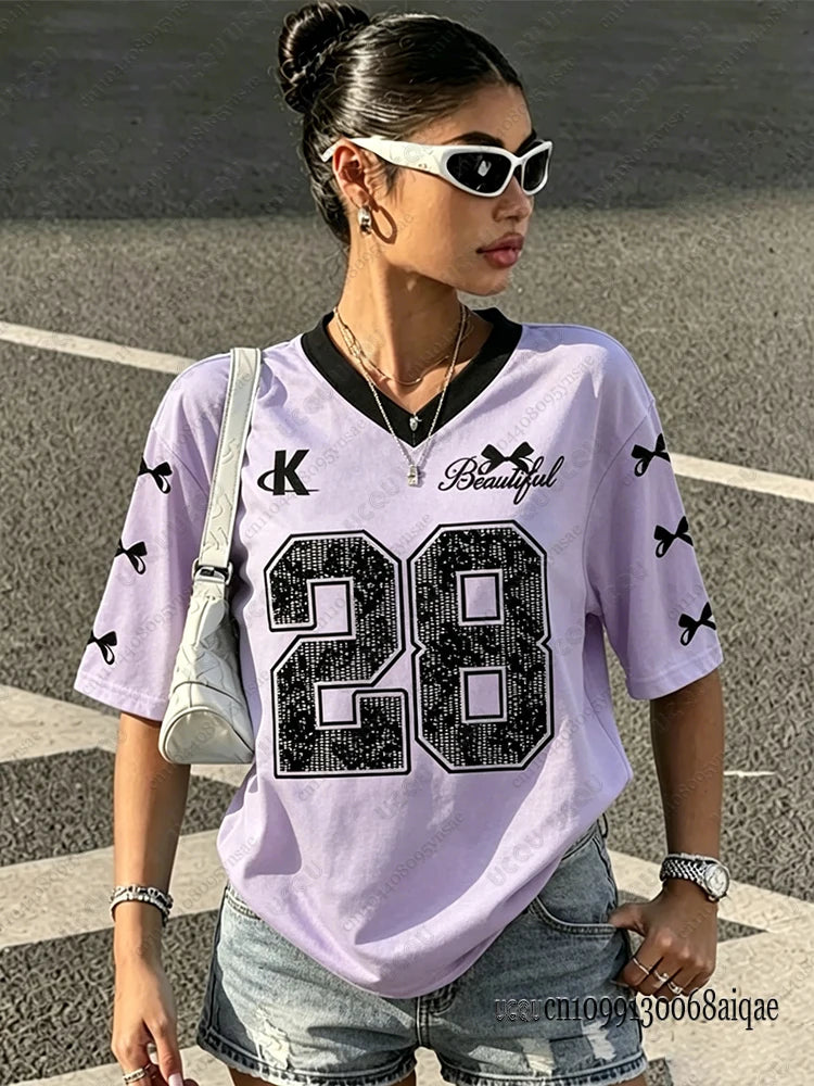 2026 Speed 23 Oversized Jersey T-Shirt Women Y2K Sport Style V-Neck Summer Streetwear Graphic Tee