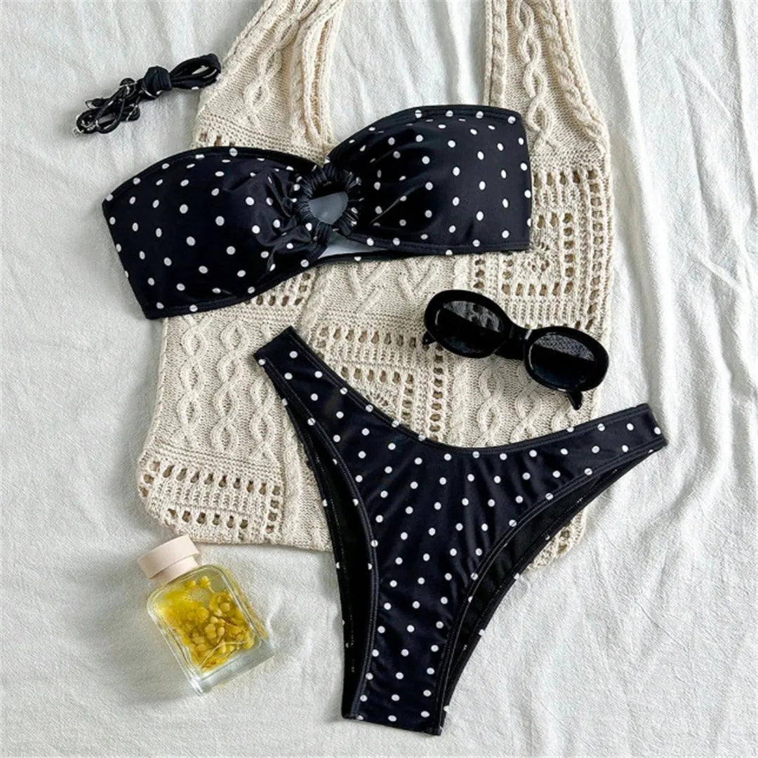 Gepunkteter Bandeau-Bikini-Set Damen Zweiteiliger Retro-Sommer-Badeanzug