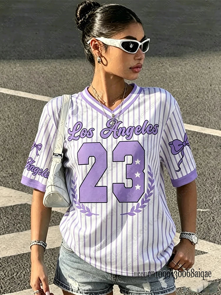 Summer New Los Angeles 23 Print Stripe T-shirt For Women V-Neck Short Sleeve Tees Sports Football Jersey Y2K Loose Oversized Top