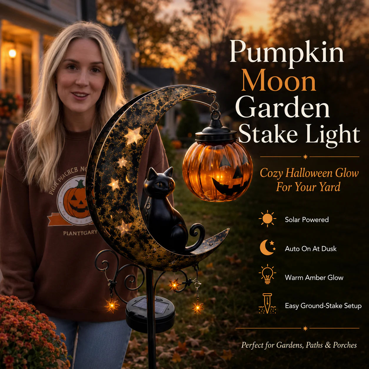 🔥 75% OFF TODAY 👻 Solar Halloween Garden Stake Light with Black Cat & Pumpkin